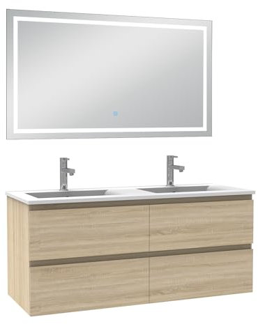 AICA Ensemble Meuble Salle de Bain 120cm Chêne Wotan Double Vasque et Miroir Lumineux 3 Couleurs et dimmable