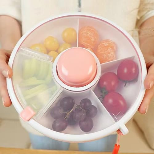 SUQ Snack Spinner Kids Container, Pink, Kids Snack Spinner Bundle with Hand Strap, Snack Box for Kids, Serving Platter, Reusable Snack Container with 5 Compartment Dispenser, Organizer Storage Boxes