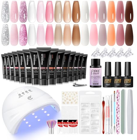 PEACECOLOR 40Pcs Poly Nail Gel Kit, Gel Nails Kit with U V Lamp 15 Colours Poly Extension Gels White Clear Pink Nude Brown, Glossy Matte Effect Nail Decoration Manicure Tools Gift for Women
