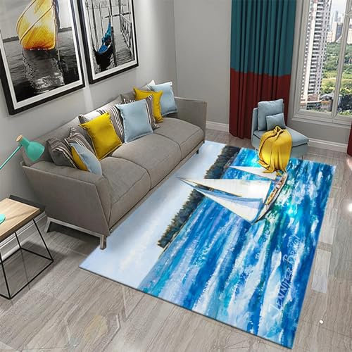Kinder Wohnzimmer Teppich Ölgemälde Segelboot Sonnenuntergang Meereslandschaft 3D-Muster Teppich Wohnzimmer Schlafzimmer Zimmer Bedside Bed Vordercouchtisch Computer Stuhl Teppich, 60-32128746842267