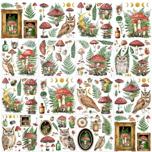 GOMAKERER 12 Blatt 12 Stil Abziehbilder Zum Aufreiben, 14x14cm Vintage Pilz Und Eule Rubbeltransfer-Aufkleber Retro Bunt Druck Transferaufkleber Zum Basteln Fenster Möbel Scrapbook