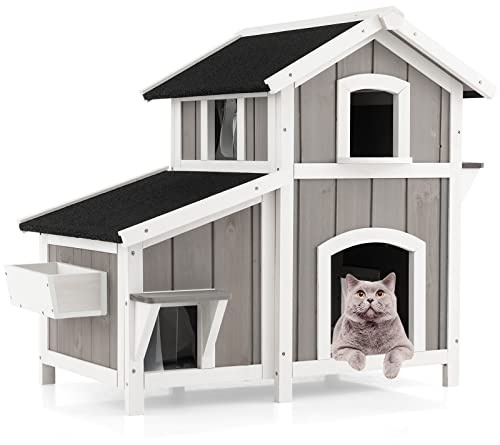 COSTWAY Casa para Gatos de Madera, Caseta para Gatos de 2 Pisos para Exteriores con Puertas de Escape, Techo Asfáltico Impermeable, Refugio para Gatitos de Interior y Exterior para Balcón y Patio