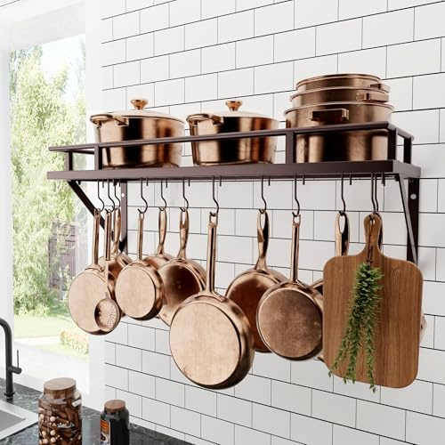 KES Oiled Bronze Pot Rack for Kitchen, 76CM Pan Holder Wall Mounted, Hanging Pot Storage with 12 Hooks for Kitchen Storage and Organization, KUR215S75A-OB | Carbon Steel Construction, Reinforced Grid Shelf, Stud Mounting, 12 S-Hooks, Rust-Resistant, Indoor Kitchen Organizer