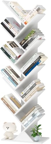 LELELINKY Kleines, schmales Bücherregal in Baumform, 10 Ablagen, Weiß | 34 × 20 × 101 cm, Kompaktes Standregal, für Bücher, CDs und Zeitschriften, für Wohnzimmer Schlafzimmer und Büro kleine Räume