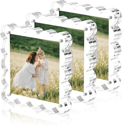 Chivalral Clear Picture Frames 3Pack - Acrylic Magnetic Photo Frame 4×4 Inch, Double Sided Magnet Frames with Scalloped Edges, 10+10mm Thick Freestanding Gift for Office/Home(Clear, 4x4)