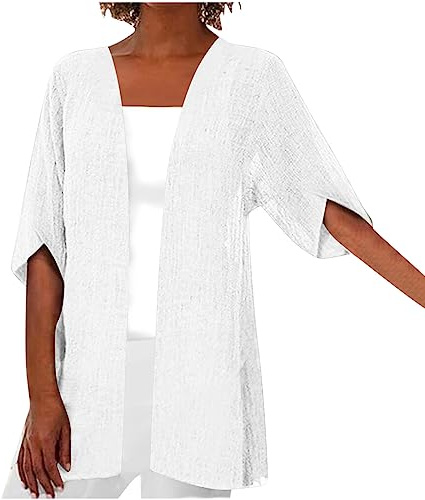 Cárdigan Mujer Lino Algodón Manga Corta Camiseta Camisa Ligero Verano Moda Chaqueta Casual Color sólido Suelto Cómodo Tops T-Shirt Basic tee Talla Grande Transpirable Blusa