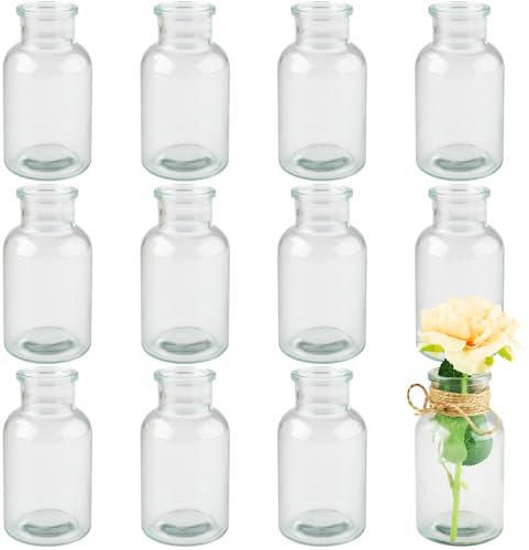Shodiffy Små vaser, 12 stycken 60 ml glasvaser för bordsdekoration 8,4 cm höga minivaser glasflaskor för hem, bröllop, födelsedagar, fester