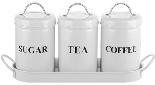 AHAQU 3PCS Tea Coffee and Sugar Canisters Set, 9.7x9.7x12cm Tea Coffee Sugar Jars with Lids, Metal Kitchen Canister Sets with Metal Tray for Food Storage- White
