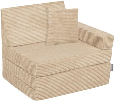 KiddyMoon Kindersessel Aufklappen Mit Kissen Aus Schaumstoff Sessel Für Kinder Kinderstuhl Für Kinderzimmer Stuhl Faltmatratze Matratzen Relaxsessel Kuschelsessel, Beige