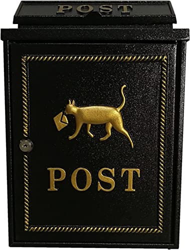 Boîte aux lettres murale rétro en fonte pour décoration de jardin, style vintage, motif chat, couleur noire, serrure décorative pour la maison ou le bureau