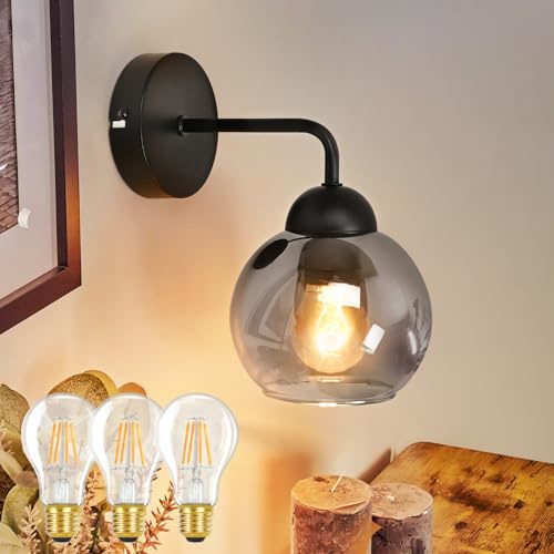 Kowanie Wandlampe innen Vintage Wandleuchte E27: Schwarz Wandbeleuchtung | Schlafzimmer aus Glas Flurlampe Wand Rauchglas Bettlampe inkl. 3 × 4W 2700 K Leuchtmittel für Wohnzimmer Restaurant