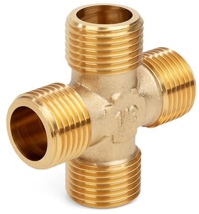 Coude en Laiton 90° 4 Voies, 1/2 Mâle Vanne de Connecteur de Tuyaux, Raccord Plomberie pour eau Chaude Froide, Douche Accessoires Compatible avec Tous Raccords Laiton à Filetage