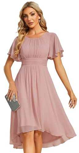 Ever-Pretty Women's Chiffon Crew Neck Pleated Waist Short Sleeve Knee-Length Wedding Guest Dress - A-Line, Plus Size 3X (US 26-28), Solid, EG02053