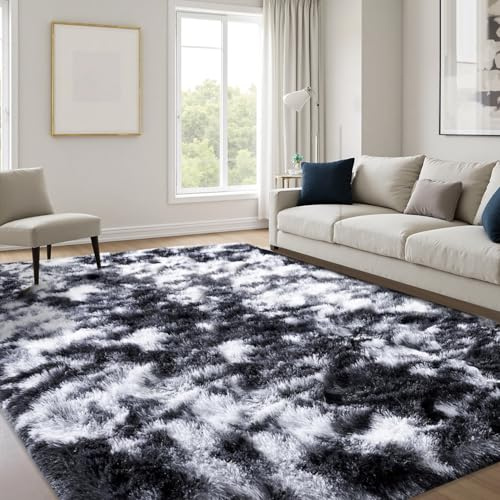 JOYARR Hochflor Wohnzimmer Teppich, Flauschig Waschbar rutschfest Moderne Teppiche für Schlafzimmer Büro Esszimmer Kinderzimmer Spielzimmer, 120x170 cm, Tie Dye Schwarz Weiß