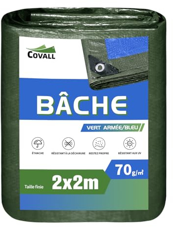 COVALL waterproof tarpaulin 2mx2m, 70g/m² UV resistant outdoor sunshade tarp, ripstop green fabric large tarpaulins sheet,house rain cover,camping tent with eyelets,motorcycle,boat,wood pool cover