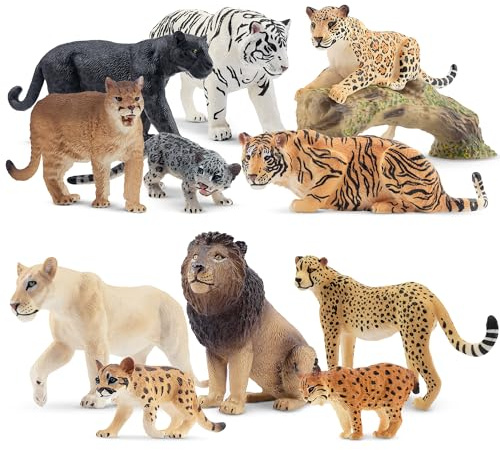 TOYMANY Set di 12 figurine di animali della giungla e tronco d'albero, figurine realistiche di leoni, tigri e figure di giaguaro, figurine di animali dello zoo della giungla per bambini