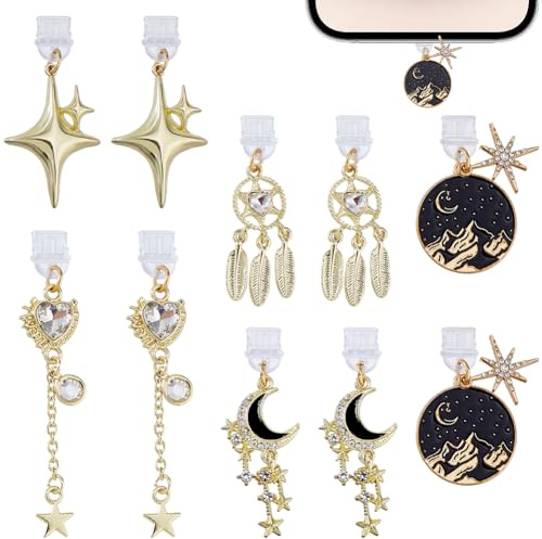 DICOSMETIC 10Pcs 5 Styles Dust Plug Charms Bulk Star Moon Heart Type-C Charging Port Charm Cell Phone Charm Plug Cover Plastic Dust Plugs with Alloy Charms USB C Port Cap Protector Pendant