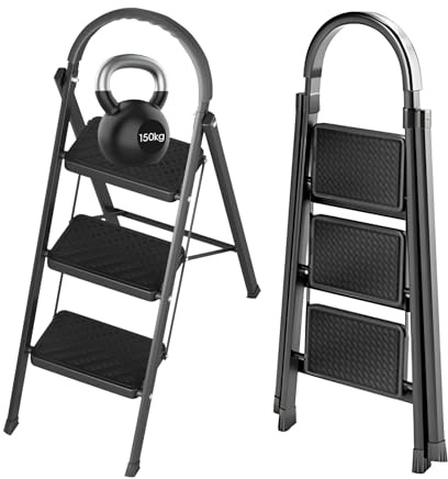 Escabeau 3 Marches Pliable, Escabeau 3 Marches avec Structure en Fer, Échelle Pliante Portative, Capacité 150kg, Marches Antidérapantes, Pliable à Plat pour Rangement (Noir)