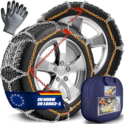 TRESKO® 2x Schneeketten Auto inkl. Handschuhe und Aufbewahrungsbox | PKW Metall Reifenketten | Schneekette EN 16662-1 & ÖNORM V5117 | Schnelle Montage | Für Front-, Heck-, Allrad (TK 110)