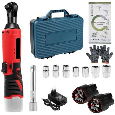 Candeon Llave de trinquete inalámbrica, kit de trinquete eléctrico inalámbrico de 35 Nm y 3/8 con 2 baterías de 1500 mAh y cargador, llave de trinquete inalámbrica portátil de mano con 7 vasos