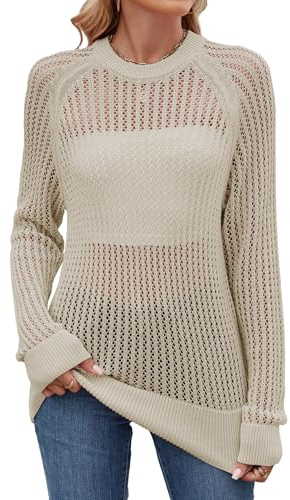 Famulily Womens Lightweight Tops Knit Crochet Tops Trendy Pullover Swim Bikini Bathing Suit Cover Ups Fishnet Beachwear Beige S
