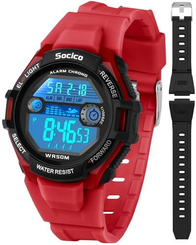 SOCICO Kinder Digitaluhr wasserdicht bis 50M mit 7 Farben Alarm Stoppuhr