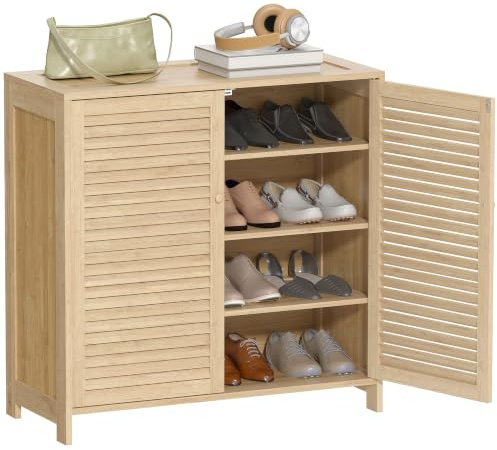HOMCOM Meuble à Chaussures 14 Paires Persiennes 80x35x80cm Bois Naturel | En Bambou, Armoire à Chaussures, Étagères Réglables, Meuble de Rangement, pour Couloir, Entrée, Dressing