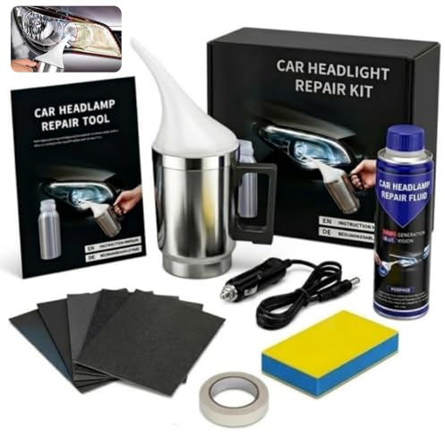Genérico 2026 Nuevo Kit de Pulido y Reparación de Arañazos para Faros de Coche, Herramienta Clarificadora con Copa Atomizadora, Cable 12V y Lijas para Faros Amarillentos