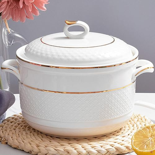 Sopera De Sopa Blanca De Porcelana For Servir Sopa Con Tapa Y Cuchara, Olla Redonda De Gran Capacidad For Decoración Del Hogar, Cocina, Restaurante, Apto For Microondas(Gold,2.3Quarts)