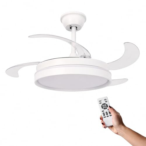 IluminaShop Ventilador de Techo con luz LED White-Faro Motor DC 30W+Luz 40W, Luz CCT Regulable y Control de Intensidad, Función Silenciosa, 6 Velocidades, 4 Aspas Retráctiles