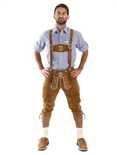 Almbock Lederhose Braun - Trachtenlederhosen Lang mit Hosenträgern und Messertasche - Österreich Trachtenlederhose Herren 52
