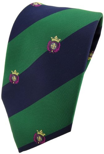 TigerTie Designer Krawatte in gold goldbraun dunkelblau gestreift mit Wappenmuster