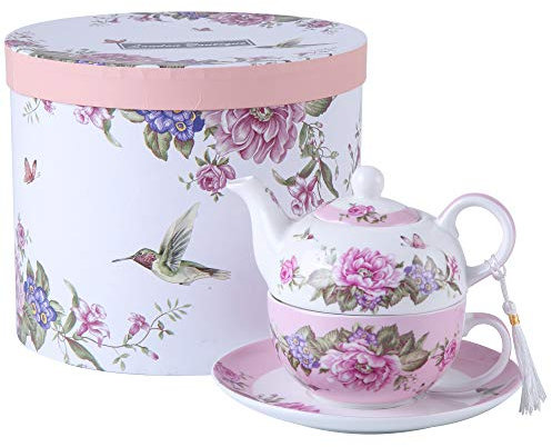 London Boutique Tea for One - Set di teiera, Tazza e suacer Shaby Chic Flora Bird, Rosa e Farfalla, Confezione Regalo in Porcellana (Rosa)