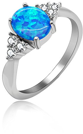 Uloveido 2,96 g 925 Sterling Silber Geburtsstein Ring Oval Schnitt Erstellt Blau Feueropal mit Runde Klar CZ Luxus Hochzeit Engagement Schmuck für Frauen Größe 57 (18.1) JZ125