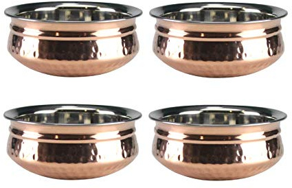 Hammered Copper Serving Handi Double Wall Balti Dishes Curry Serving Bowls Indian Stainless Steel Multipurpose Rim Serving Bowls Set 13cm/15cm/17cm (4, 13cm)
