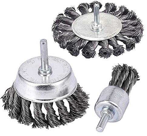 Carkio Juego de cepillos de alambre anudado con vástago de 0,63 cm, cepillo de rueda de alambre anudado de 7,62 cm y cepillo de extremo giratorio de 2,54 cm para eliminar la pintura , 3 piezas