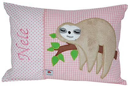 Glückspilz Namenskissen Babykissen I Faultier I mit Namen personalisiert I Geschenk zu Geburt, Taufe oder Geburtstag (Rosa, 25 x 35)