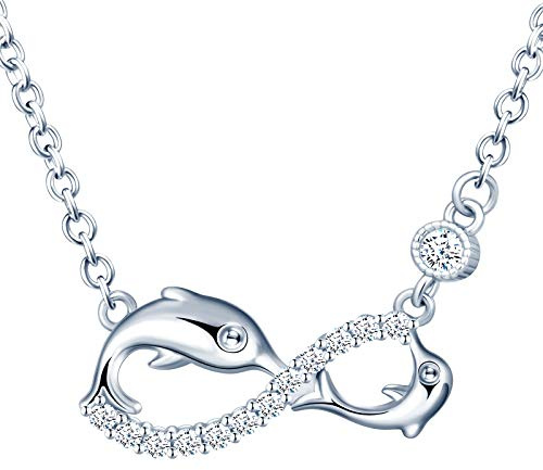 INFINIONLY Collier pendentif pour femme fille, ensembles de bijoux en argent 925, pendentif symbole de l'infini et dauphin mignon, zircon incrusté, argent, Cadeau de Noël et d'anniversaire