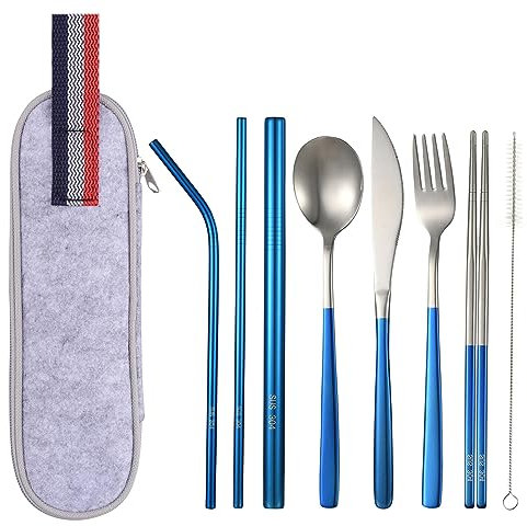 Bulckrew 9pcs Besteck Set Edelstahl Outdoor Campingbesteck Reisebesteck mit Messer Gabel Löffel, Essstäbchen, 3 Metallstrohhalme, Reinigungsbürste, Tragbar Bestecktasche, Blau