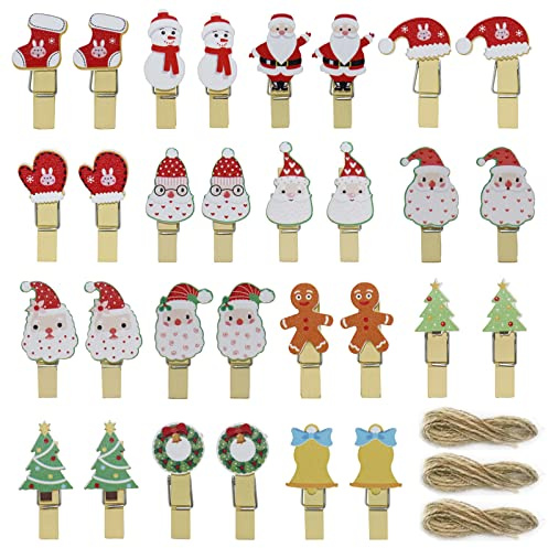 Wäscheklammern Weihnachten Foto Clips 30 Stücke Mini Holzklammern Deko Weihnachten Mini Holzwäscheklammer Mini Holzklammern Weihnachten Filz Für Fotos mit Juteschnur (15 pcs Muster Miniklammern)