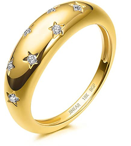 JINEAR 18k Gold Plated Star Dome Signet Chunky Ring Cubic Zirconia Stacking Wedding Band for Women Statement Ring