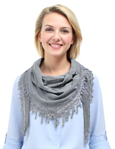 GFM® - Sciarpa triangolare da donna, tinta unita, morbido tessuto jersey, con pizzo e nappe, taglia piccola - Sciarpa per primavera/estate e tutte le stagioni - Grigio argento-(TRI-PLN-CHBH)