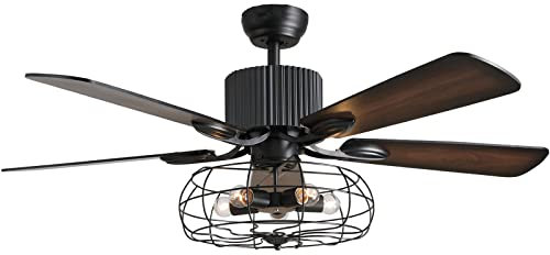 Ventilador Techo 52 Pulgadas Con Luces Y Ventilador Araña Industrial Con Mando A Distancia Elegante Kit Luces Ventilador Cristal Para Interiores Para Dormitorio Comedor 5 Aspas Madera Color Negro,110v