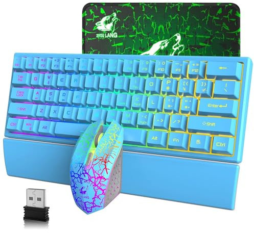 60% 2,4G Stabil 61 Tasten Drahtlose Tastatur Maus Combo RGB Wiederaufladbare Ergonomie Gaming-Tastatur+7 Regenbogenlicht 2400DPI 6 Tasten Optische Regenbogen-LED-Gaming-Maus + Mauspads+Medienschlüssel