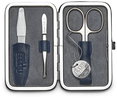 nippes Solingen Maniküre Set Vintage, 3-tlg., Rindsleder, Made in Germany | dunkelblau, weiches Wildleder innen, vernickelt, Rahmen-Etui, hochwertige Instrumente, praktischer Helfer für Nagelpflege