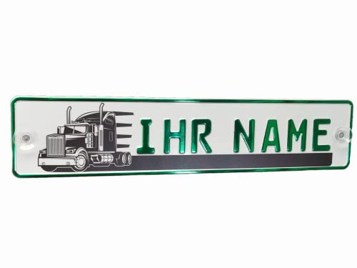 LKW Truck Fahrerschild Schild Namensschild Name oder Text Funschild Fun Schild Wunschtext AUTO Trucker Car, mit LKW Trucker Design (Schriftfarbe Grün Metallic)