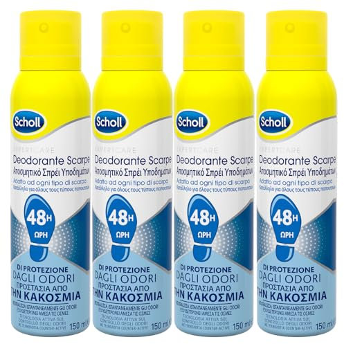 Scholl Fresh Step Deodorante Scarpe Spray Antiodore 48h Performance Contro i Cattivi Odori Non Lascia Aloni o Residui - 4 Flaconi da 150ml