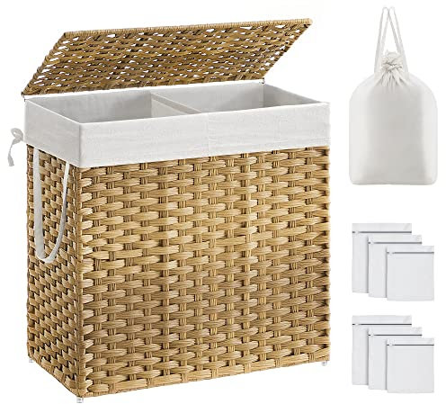 SONGMICS Wäschekorb mit Deckel, Wäschesammler 130 Liter, 2 Fächer, herausnehmbarer Wäschesack mit Griffen, handgeflochten, für Schlafzimmer, Badezimmer, 33 x 66 x 60 cm, naturfarben LCB253N01