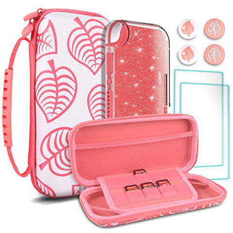 TIKOdirect Carrying Case for Switch lite, Shockproof Portable Travel Bag with Glitter Galaxy case, Screen Protectors and Cute Leaf Thumb Grips Caps, Leaf Pink