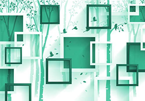 wandmotiv24 Fototapete Türkis Abstrakt Fenster Wald Vögel, 200 x 140cm - selbstklebende Strukturtapete, Wanddeko, Wandbild, Wandtapete, 3D Quadrate Bäume M4501